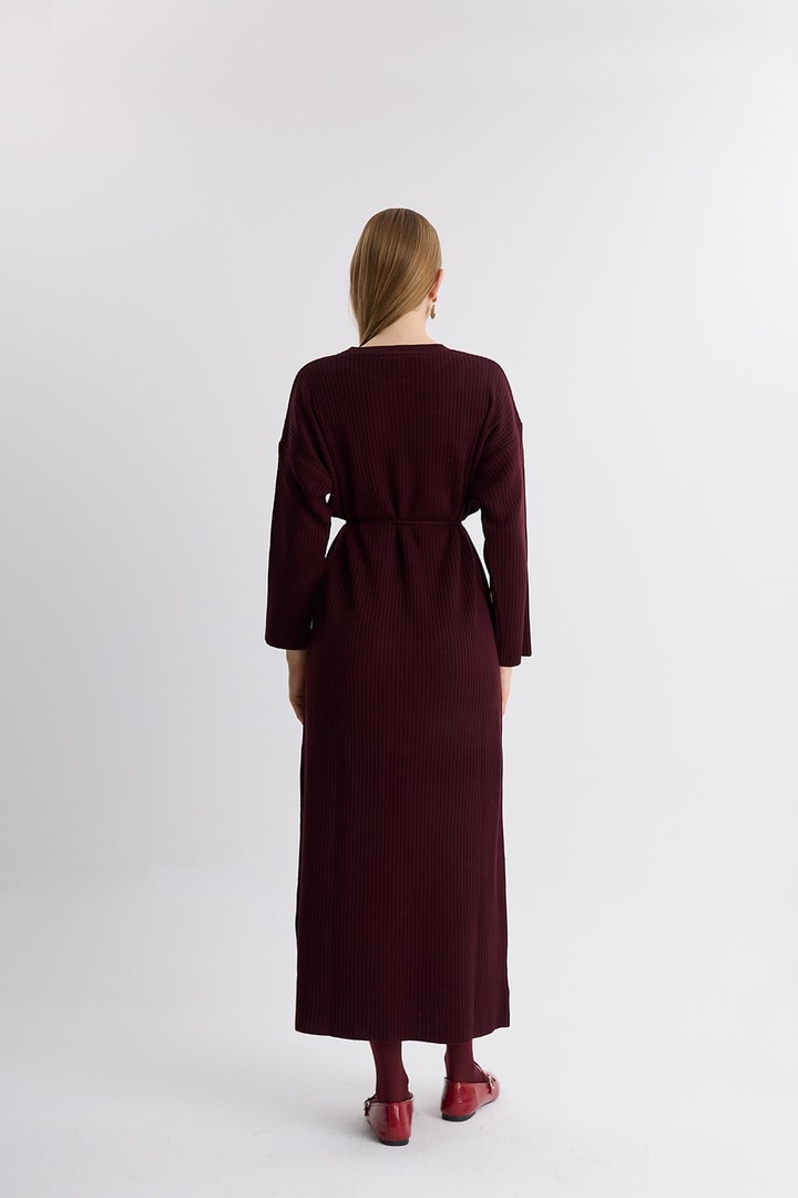 Wilma Basic Triko Kuşaklı Elbise - Bordo