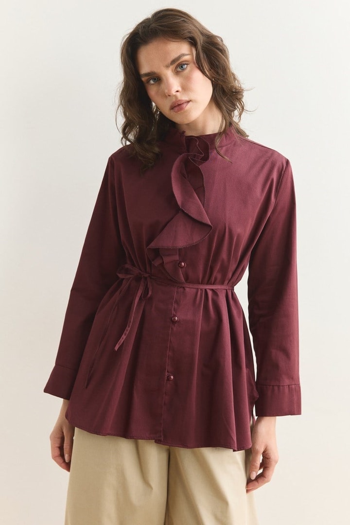 Yaka Volanlı Compact Saten Gömlek - Bordo