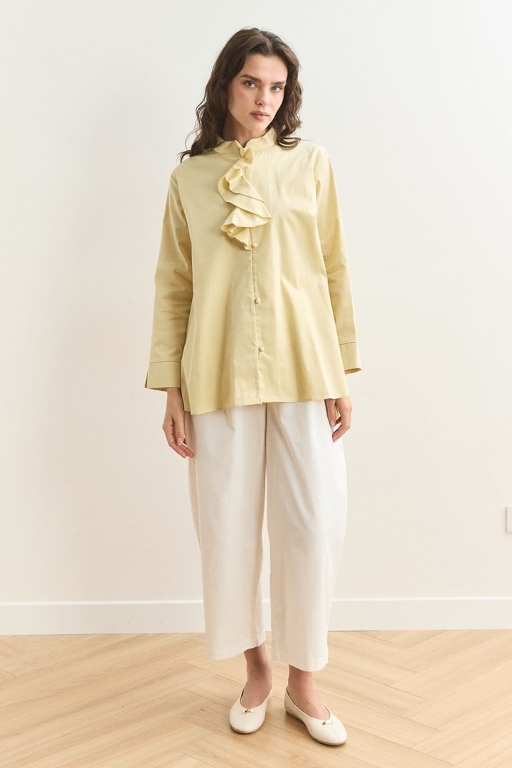 Yaka Volanlı Compact Saten Gömlek - Butter Yellow