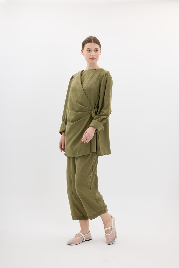 Yandan Bağlamalı Keten Takım - Haki