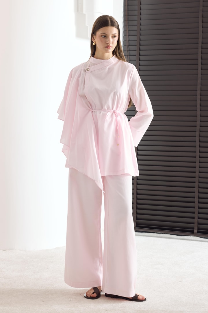Yella Kol Volanlı Kruvaze Dacron Gömlek - Pembe