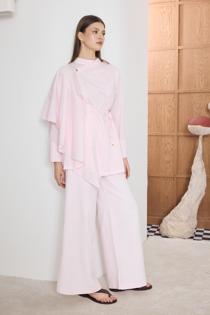 Yella Kol Volanlı Kruvaze Dacron Gömlek - Pembe