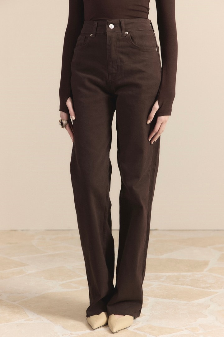 Yüksek Bel Straight Kot Pantolon - Kahve
