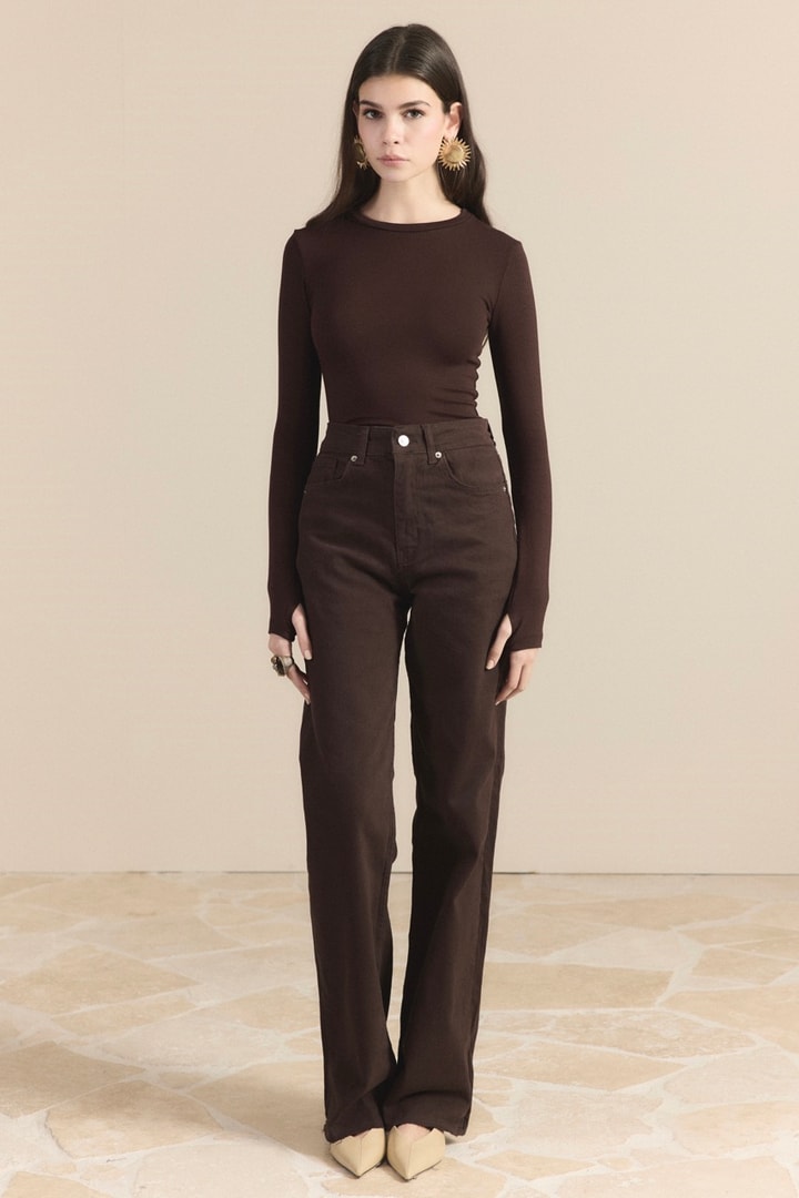 Yüksek Bel Straight Kot Pantolon - Kahve
