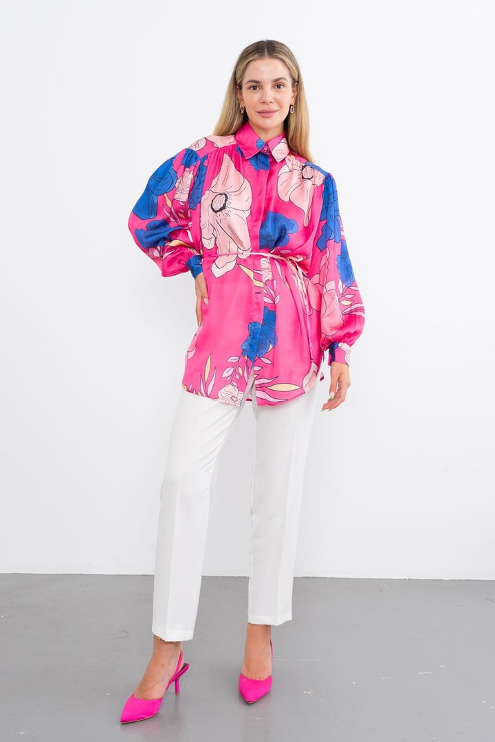 Zeleni Desenli Saten Gömlek - Fuşya