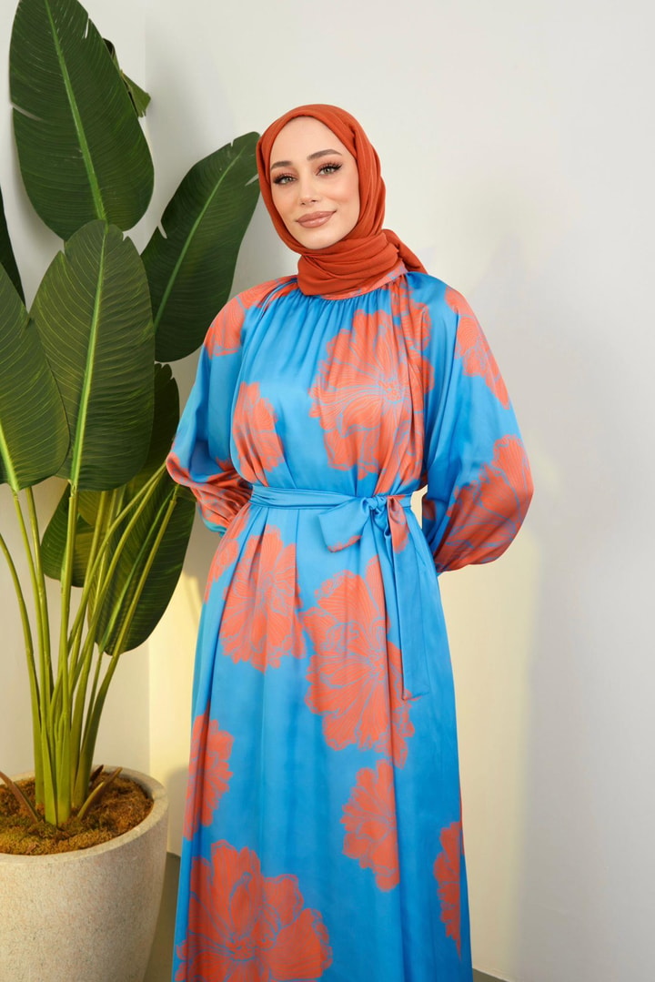 Zelina Saten Desenli Elbise - Mavi