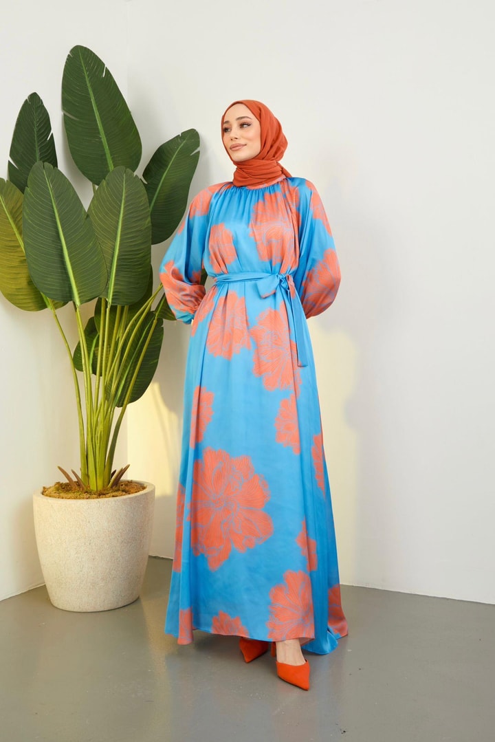 Zelina Saten Desenli Elbise - Mavi