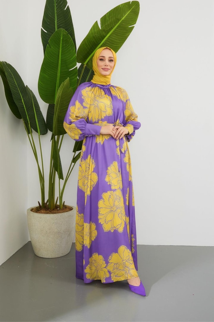 Zelina Saten Desenli Elbise - Mor