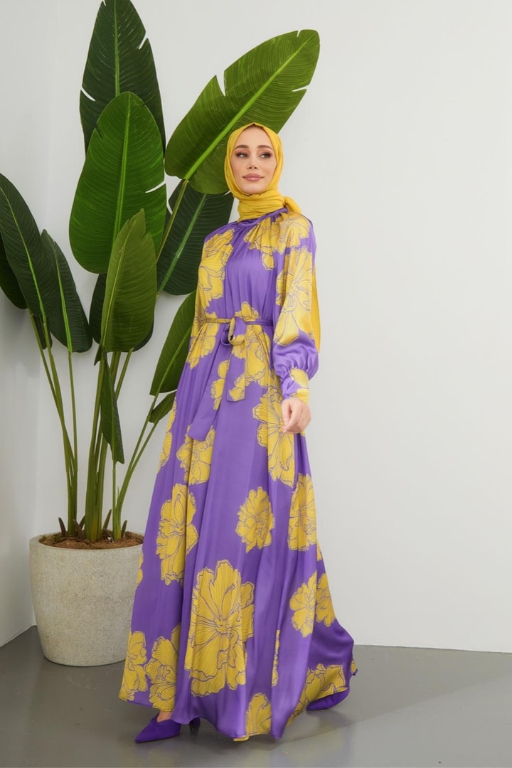 Zelina Saten Desenli Elbise - Mor