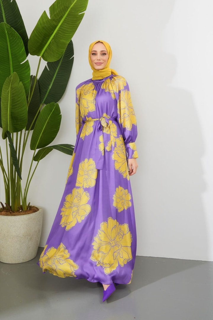 Zelina Saten Desenli Elbise - Mor