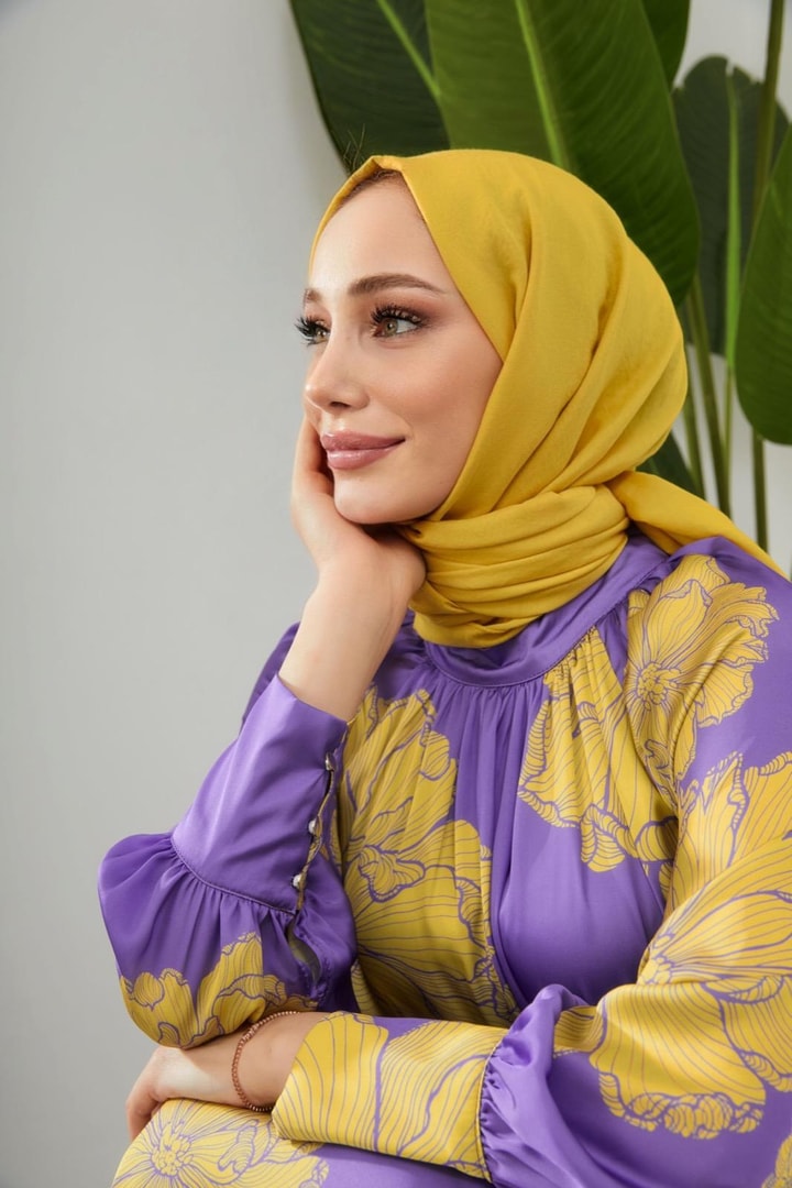 Zelina Saten Desenli Elbise - Mor
