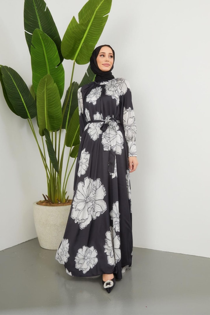 Zelina Saten Desenli Elbise - Siyah