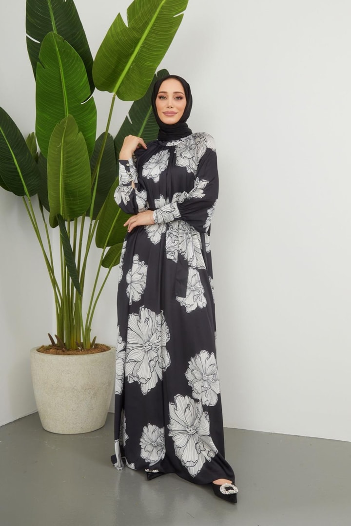 Zelina Saten Desenli Elbise - Siyah