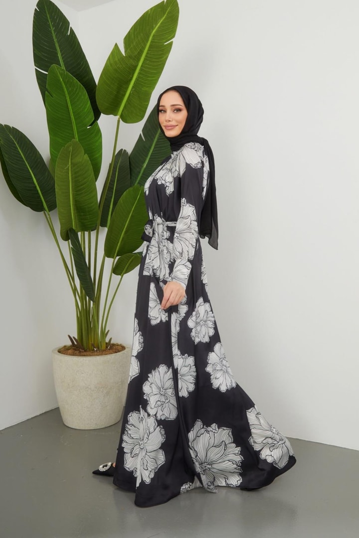 Zelina Saten Desenli Elbise - Siyah