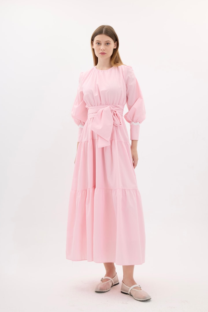 Zella Kat Detaylı Kuşaklı Elbise - Pembe