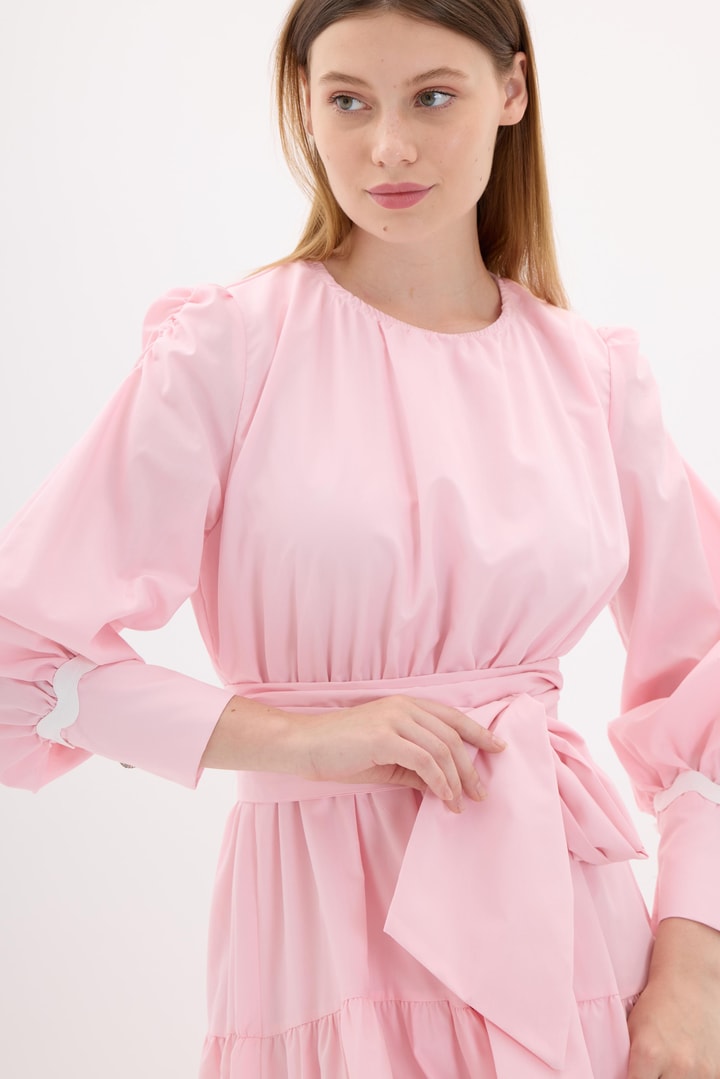 Zella Kat Detaylı Kuşaklı Elbise - Pembe