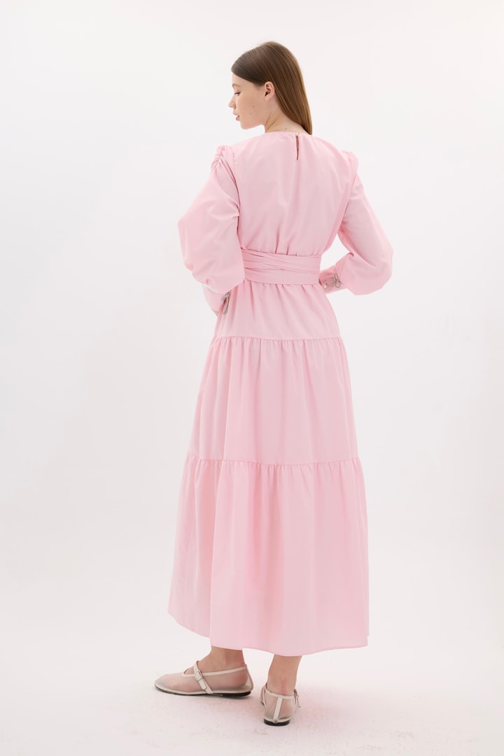 Zella Kat Detaylı Kuşaklı Elbise - Pembe