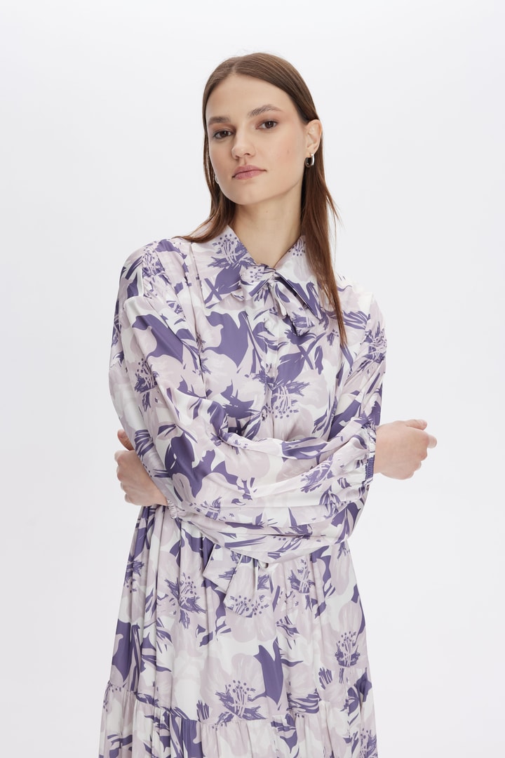 Zemila Desenli Saten Elbise - Bej