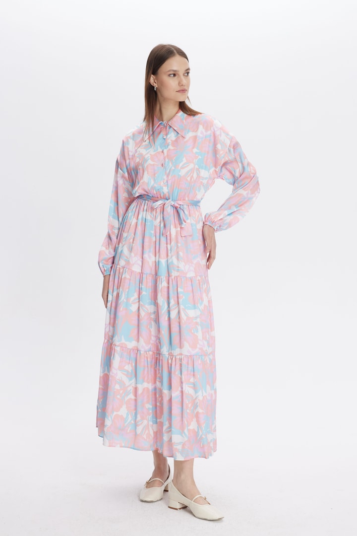 Zemila Desenli Saten Elbise - Pembe