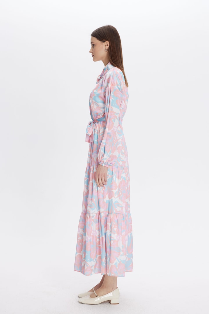 Zemila Desenli Saten Elbise - Pembe