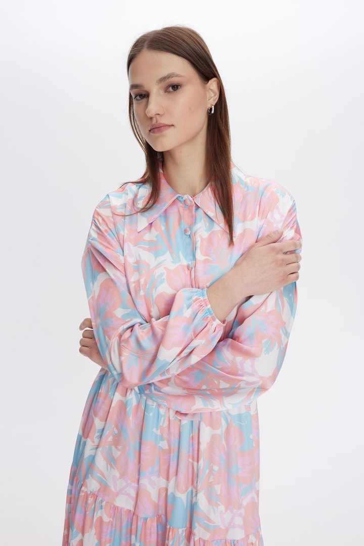 Zemila Desenli Saten Elbise - Pembe