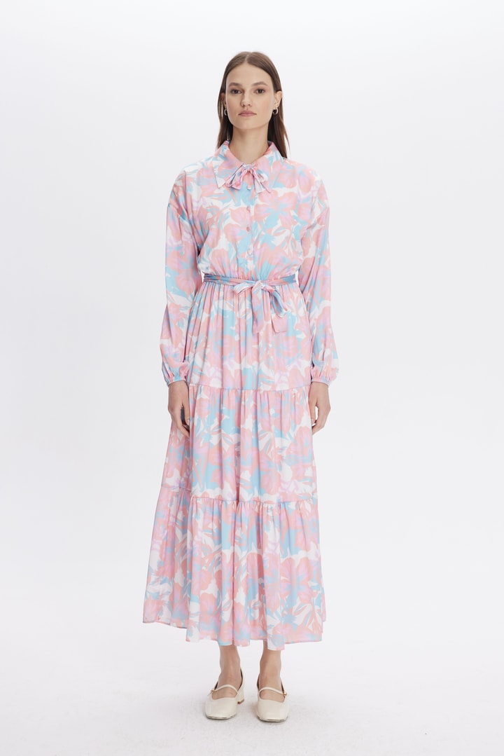 Zemila Desenli Saten Elbise - Pembe