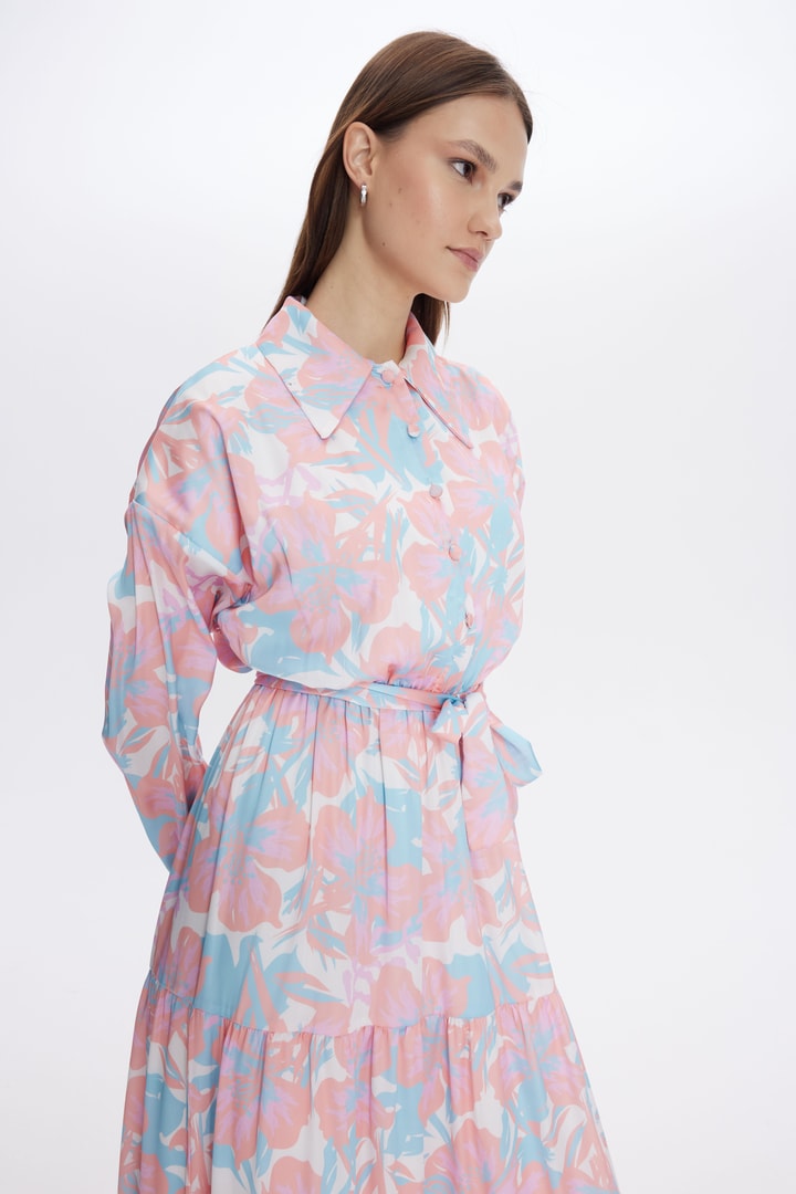 Zemila Desenli Saten Elbise - Pembe