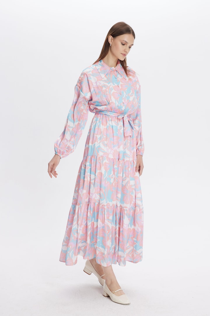 Zemila Desenli Saten Elbise - Pembe