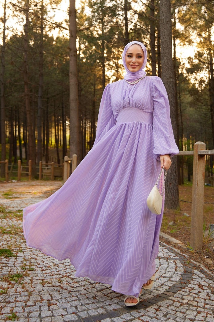 Zikzak Desenli Elbise - Lila