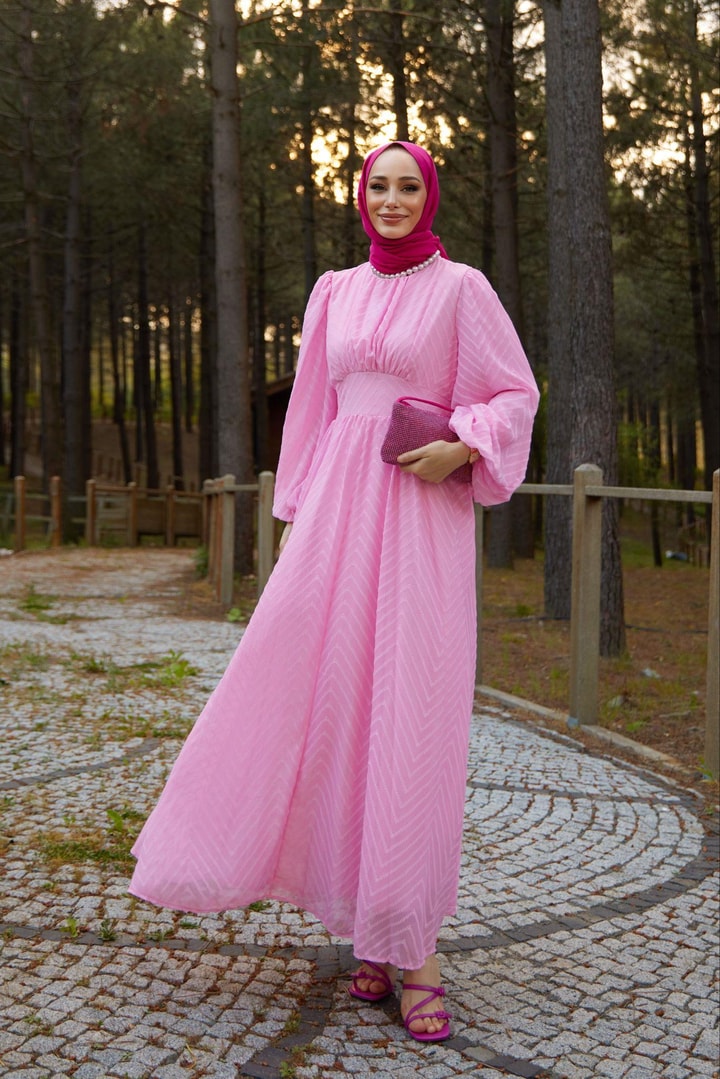 Zikzak Desenli Elbise - Pembe
