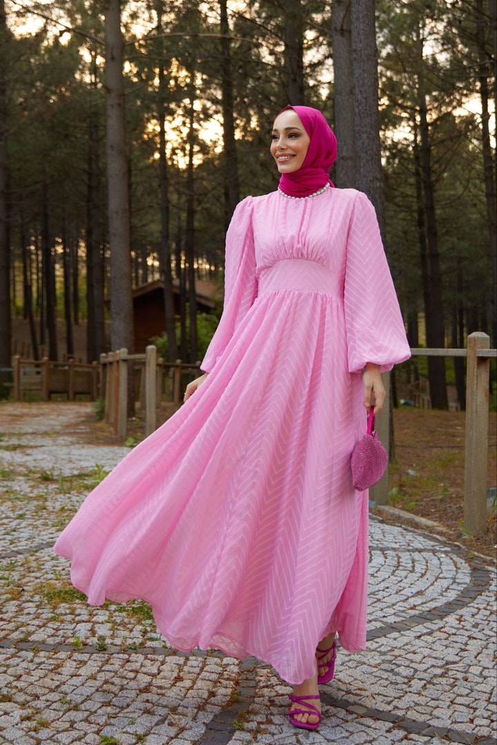 Zikzak Desenli Elbise - Pembe