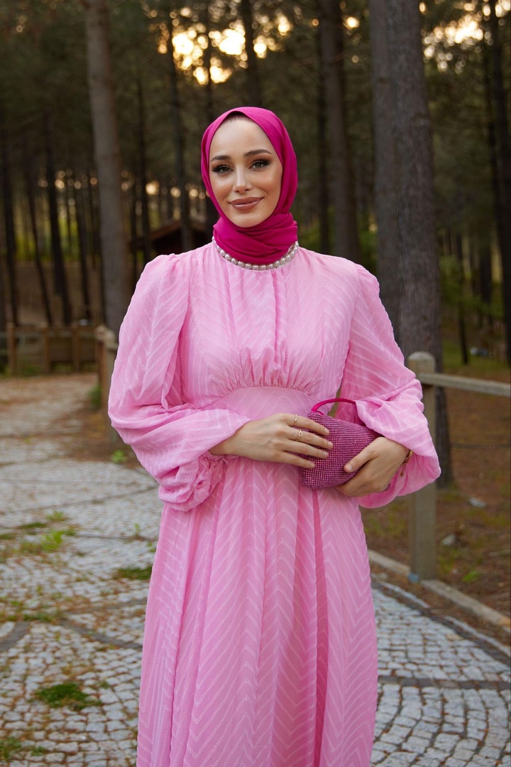 Zikzak Desenli Elbise - Pembe