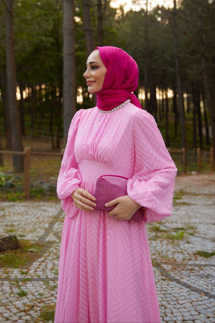 Zikzak Desenli Elbise - Pembe