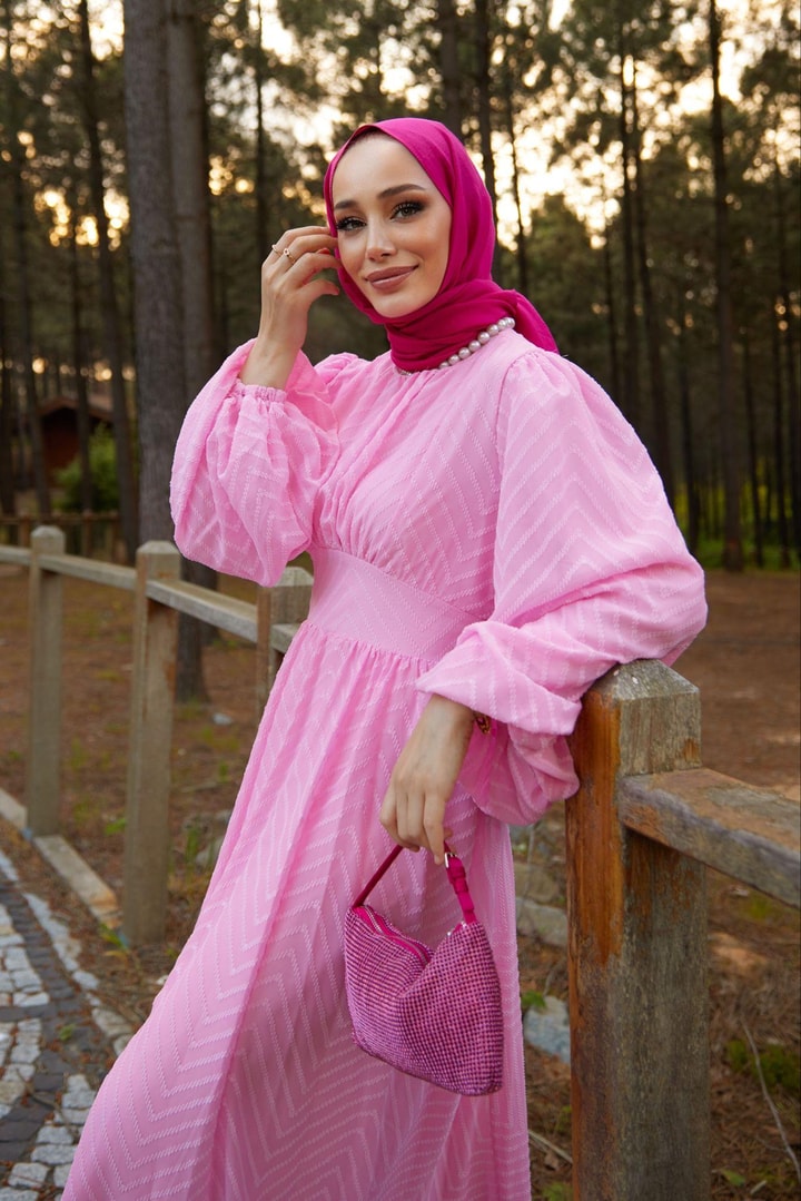 Zikzak Desenli Elbise - Pembe