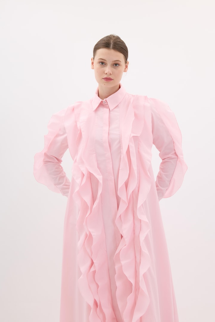 Zila Fırfır Detay Poplin Elbise - Pembe