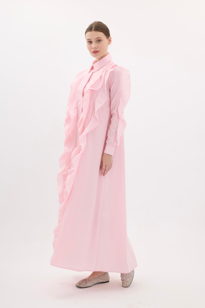 Zila Fırfır Detay Poplin Elbise - Pembe