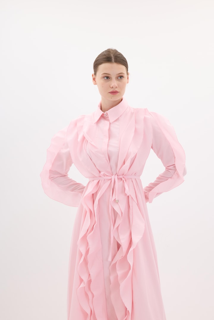Zila Fırfır Detay Poplin Elbise - Pembe