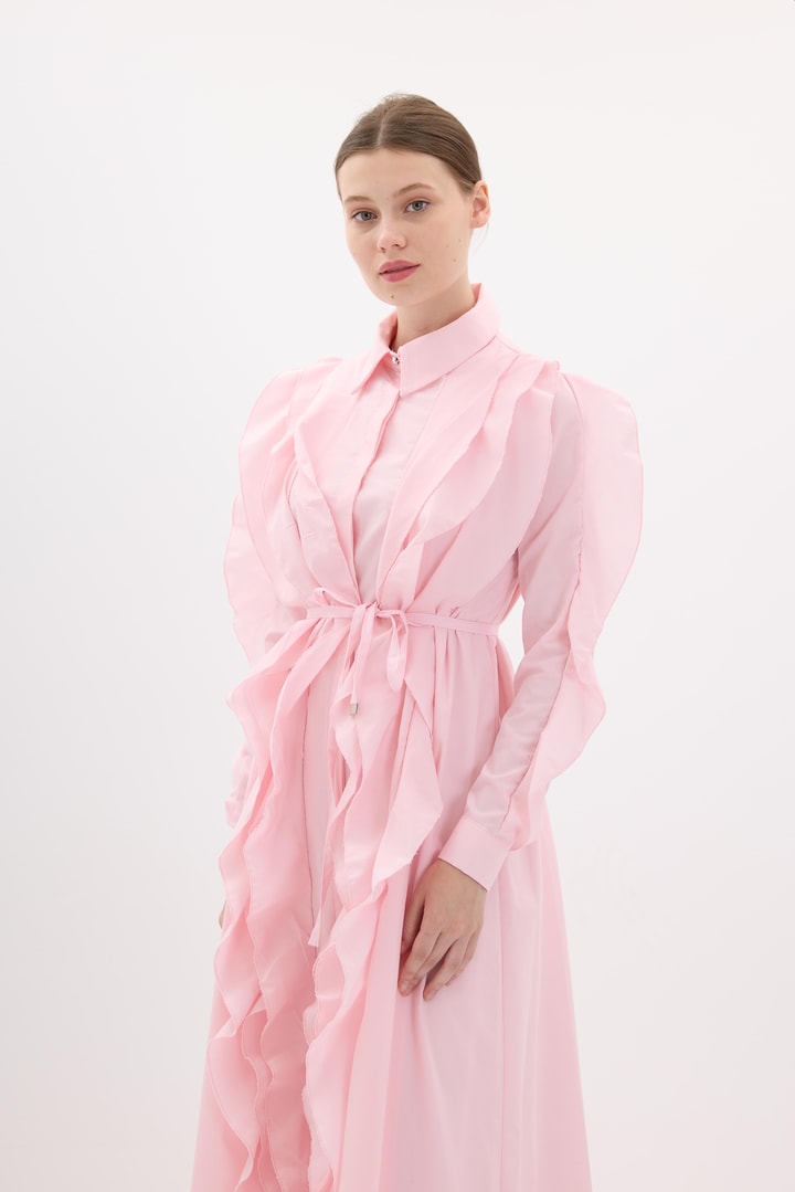 Zila Fırfır Detay Poplin Elbise - Pembe