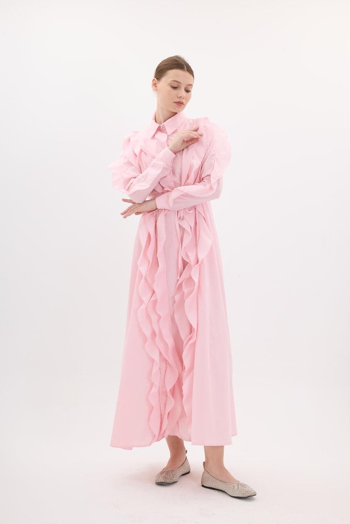 Zila Fırfır Detay Poplin Elbise - Pembe
