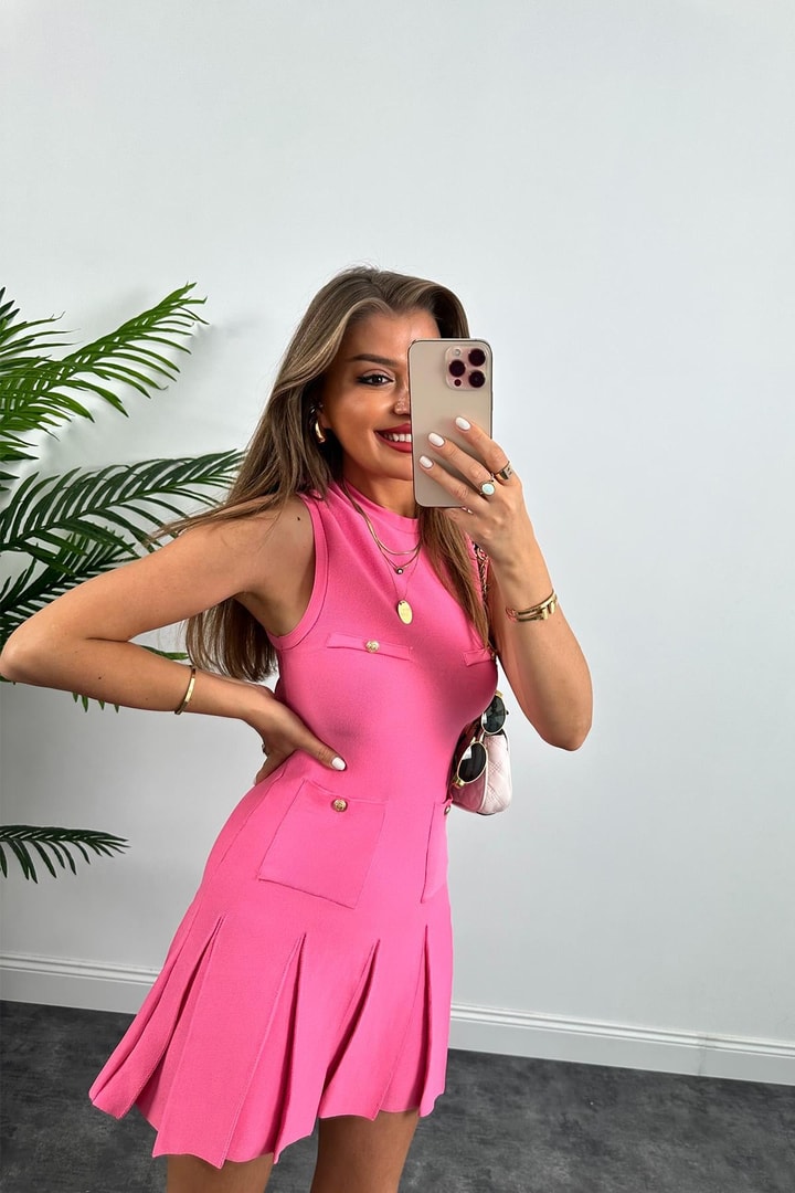  Marka model Lüx Kalite Tasarım Çelik Triko Elbise  Pembe