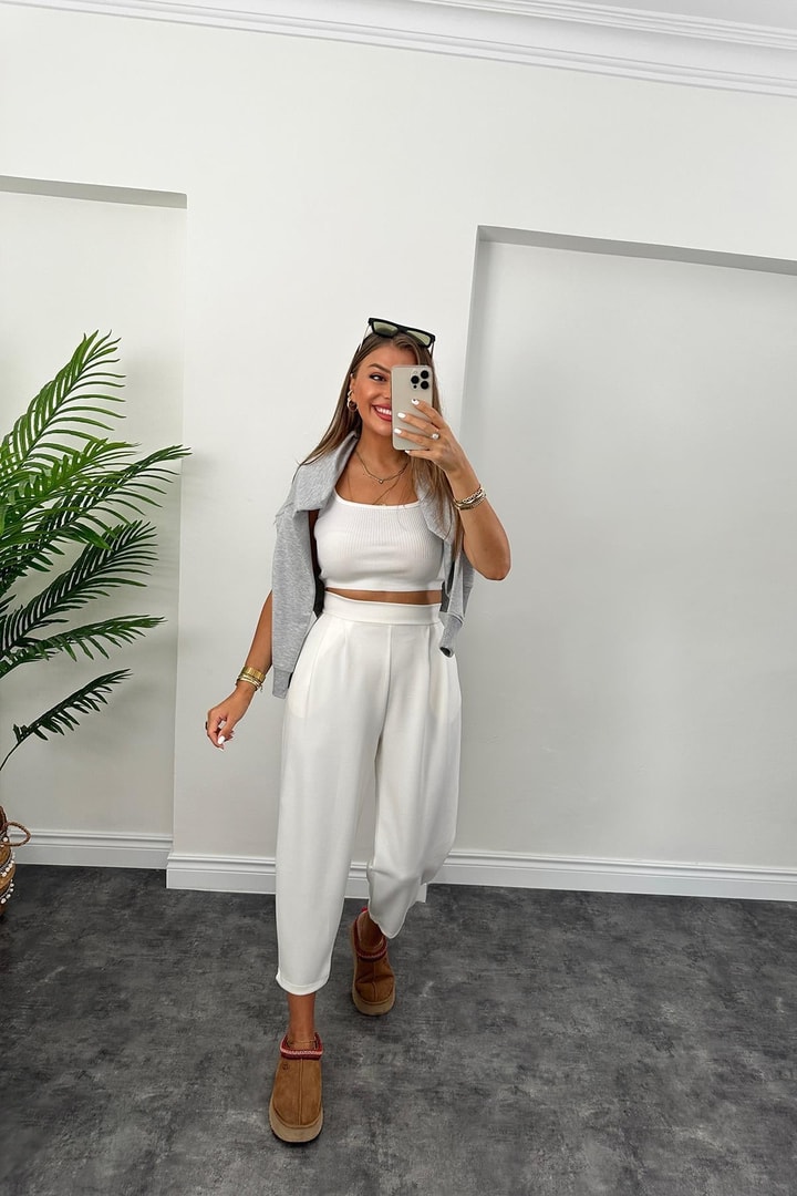 1. Sınıf Kalite Oysh Kumaş Beli Lastikli Harem Pantolon Ekru 