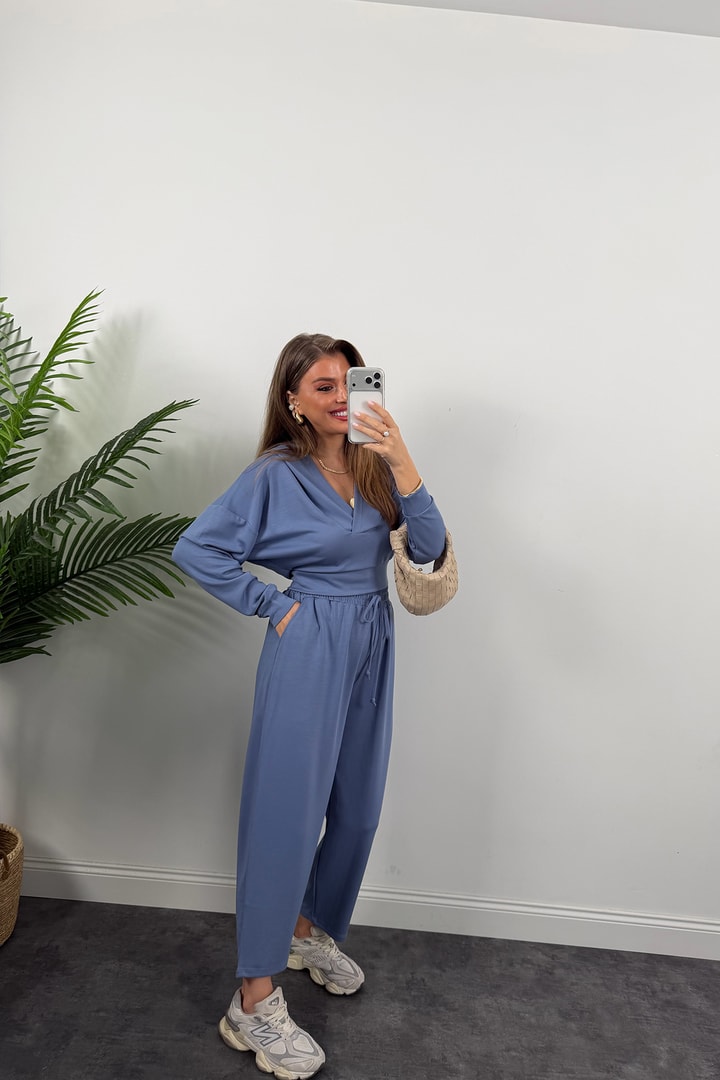1. Sınıf Kalite İthal Modal Kumaş Kapüşonlu Harem Takım İndigo