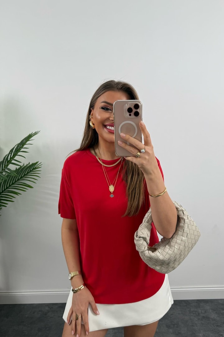 1. Sınıf Kalite Modal Kumaş Oysh Basic Tshirt Yıkamalı Kırmızı 