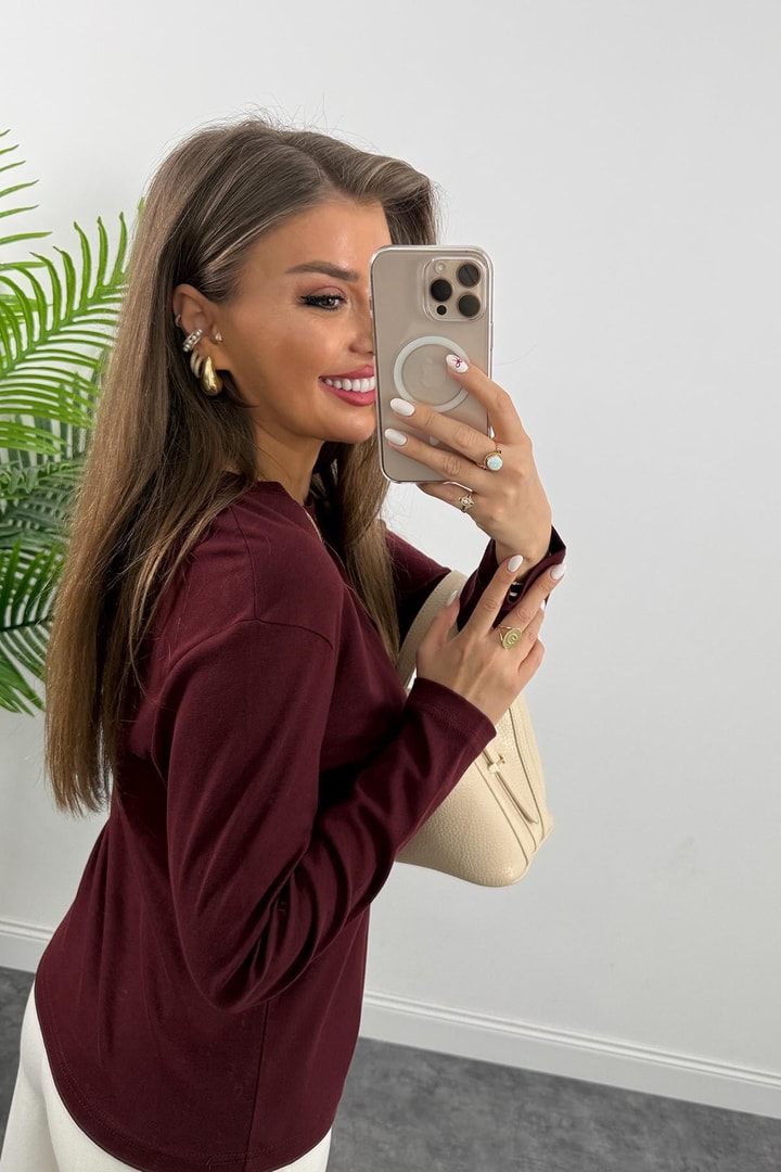 1. Sınıf Kalite  Massi Model Tam Pamuklu Uzun Kol Basic Bordo