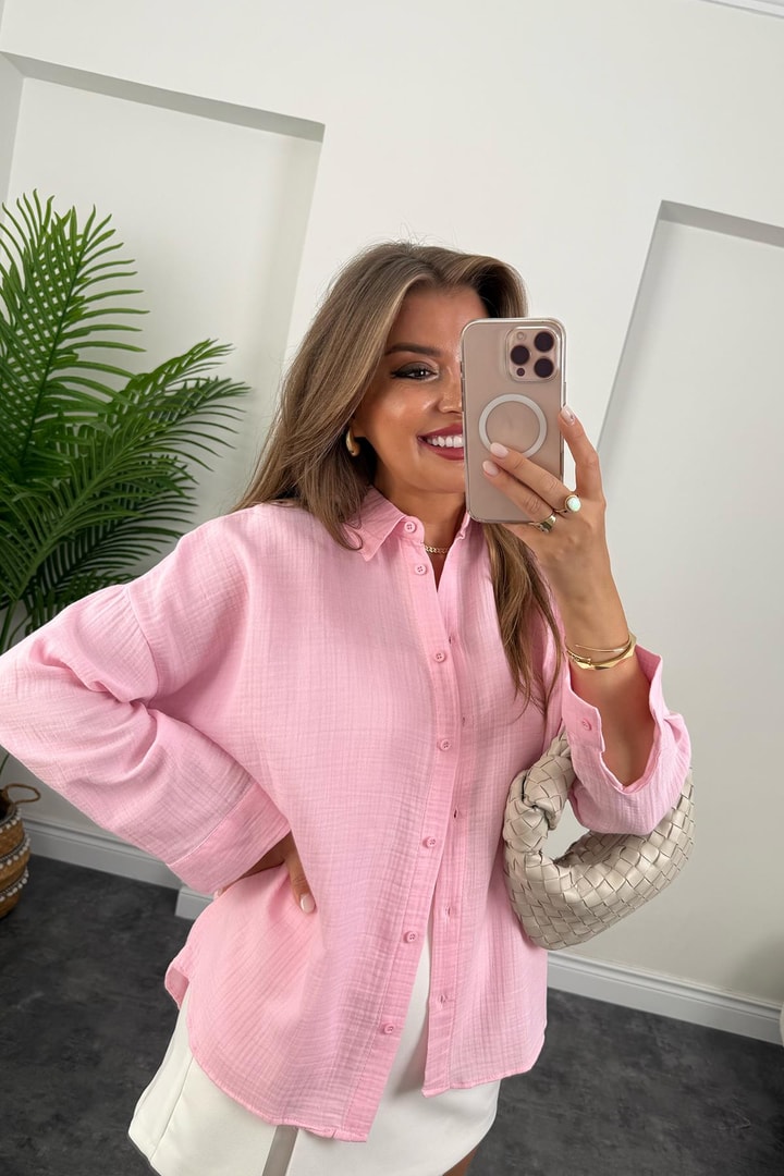 %100 Müslin Organik Kumaş Basic Gömlek Pembe