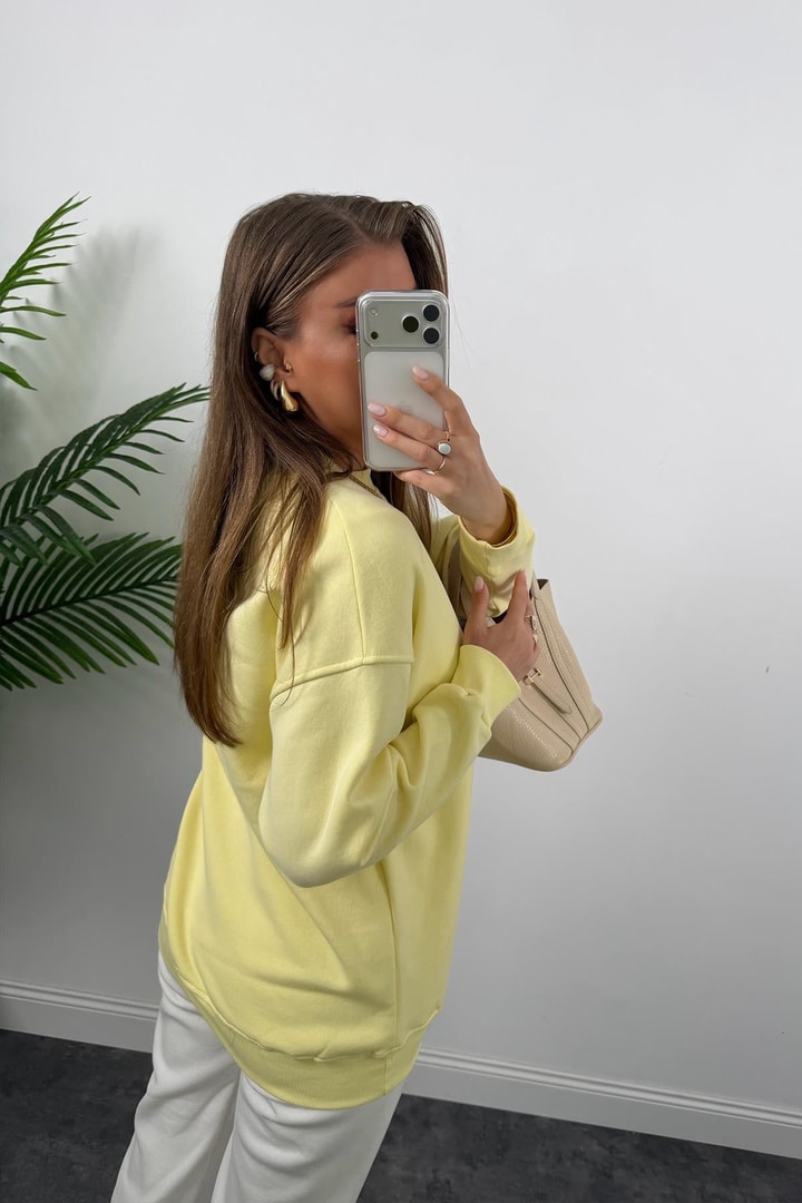 3 İplik Şardonlu Tam Pamuk Basic Yumoş Sweat Sarı