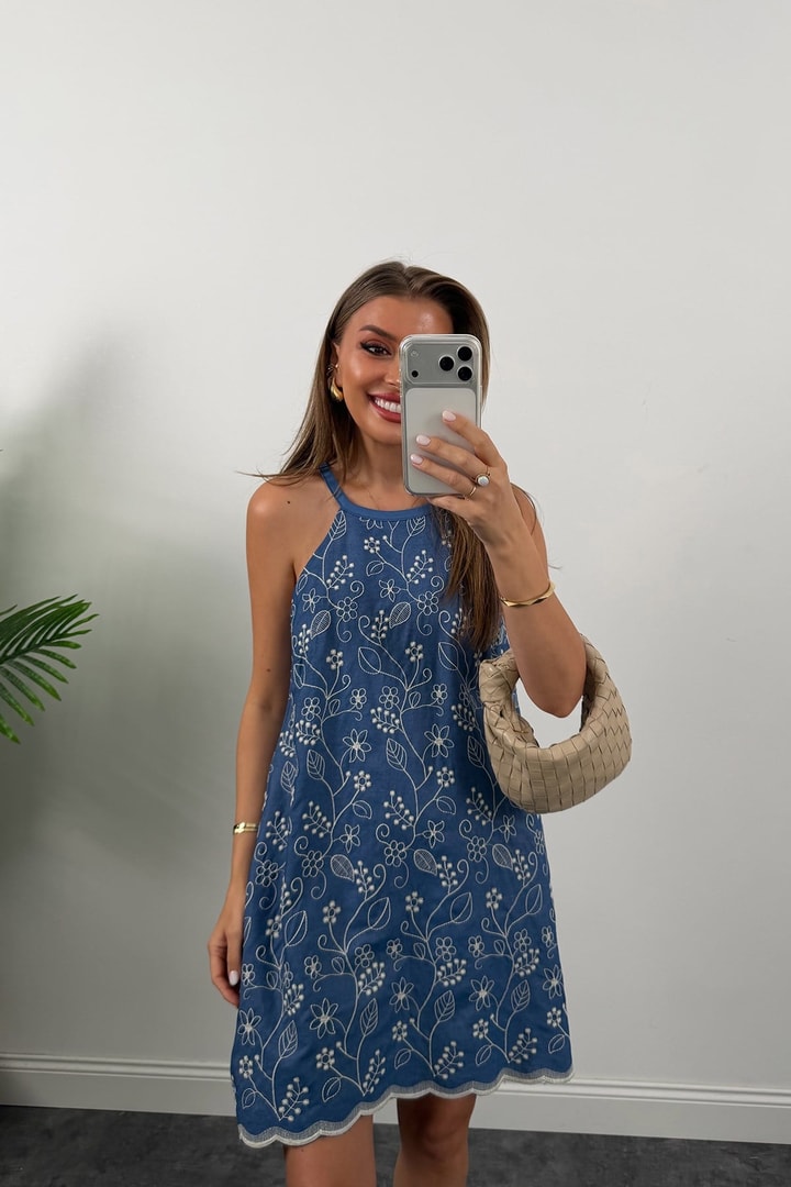 Bebe Lüx Kalite Nakışlı Pamuk Denim Elbise