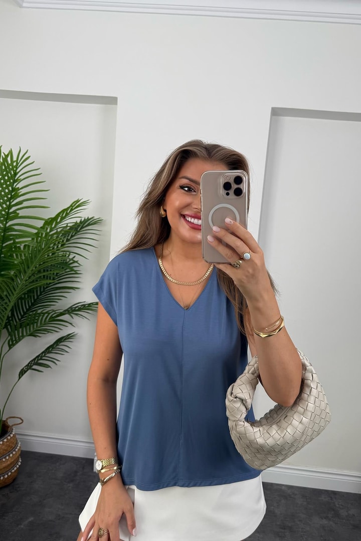 Bebe Lüx Kalite Tensel Dokulu V Yaka Basic Bluz İndigo