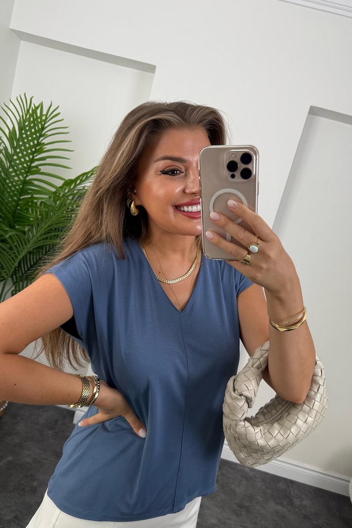 Bebe Lüx Kalite Tensel Dokulu V Yaka Basic Bluz İndigo