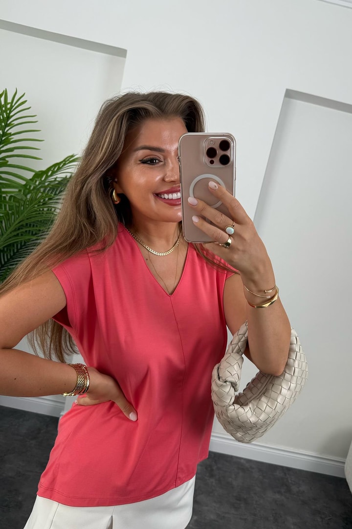 Bebe Lüx Kalite Tensel Dokulu V Yaka Basic Bluz Nar Çiçeği Pembe